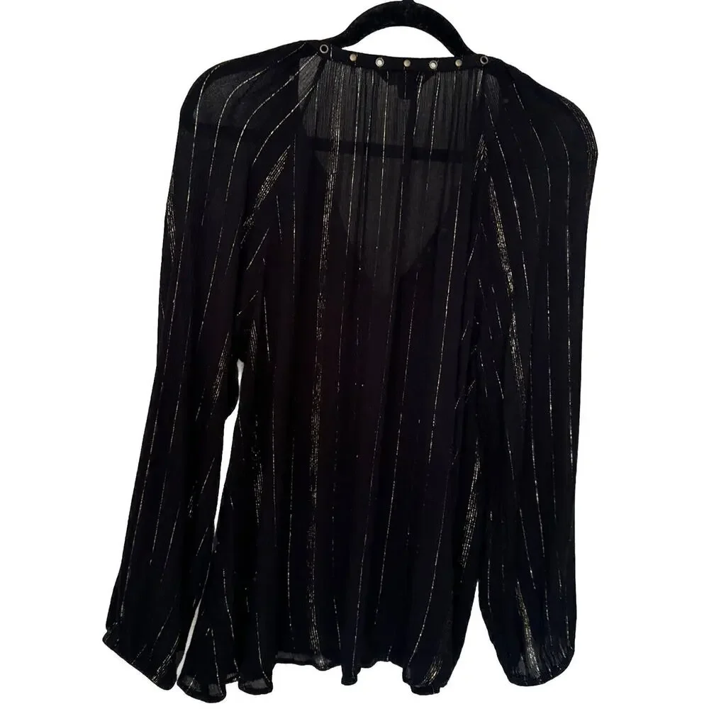 Metallic Striped Top  Night Blouse Black Gold Long Sleeve V-neck Women’s Size L - Picture 5 of 14